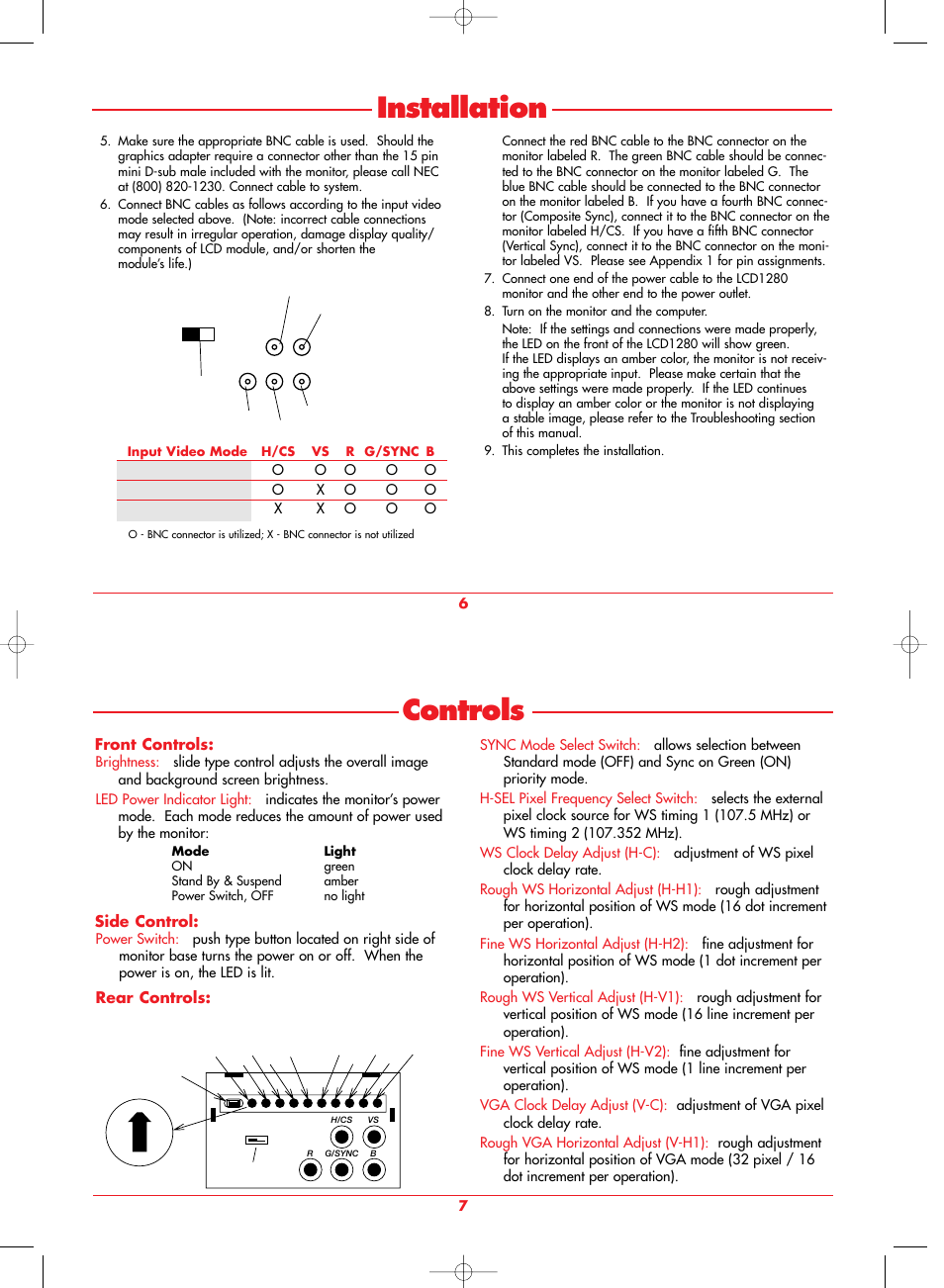 Controls, Installation | NEC LCD1280 User Manual | Page 6 / 12