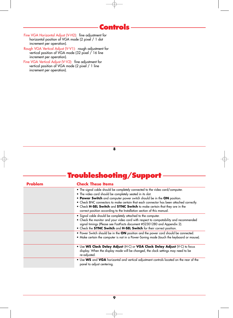 Controls, Troubleshooting/support | NEC LCD1280 User Manual | Page 7 / 12