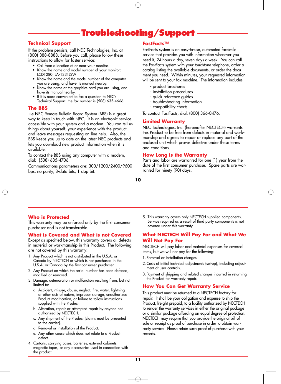 Troubleshooting/support | NEC LCD1280 User Manual | Page 8 / 12