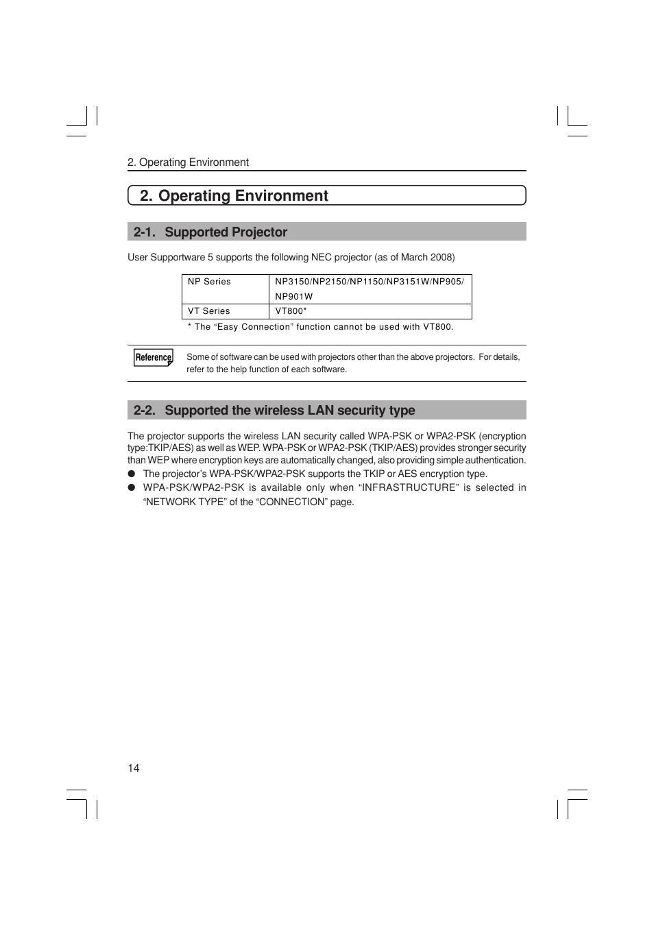 Operating environment, 1. supported projector, 2. supported the wireless lan security type | NEC NP3150 User Manual | Page 14 / 44