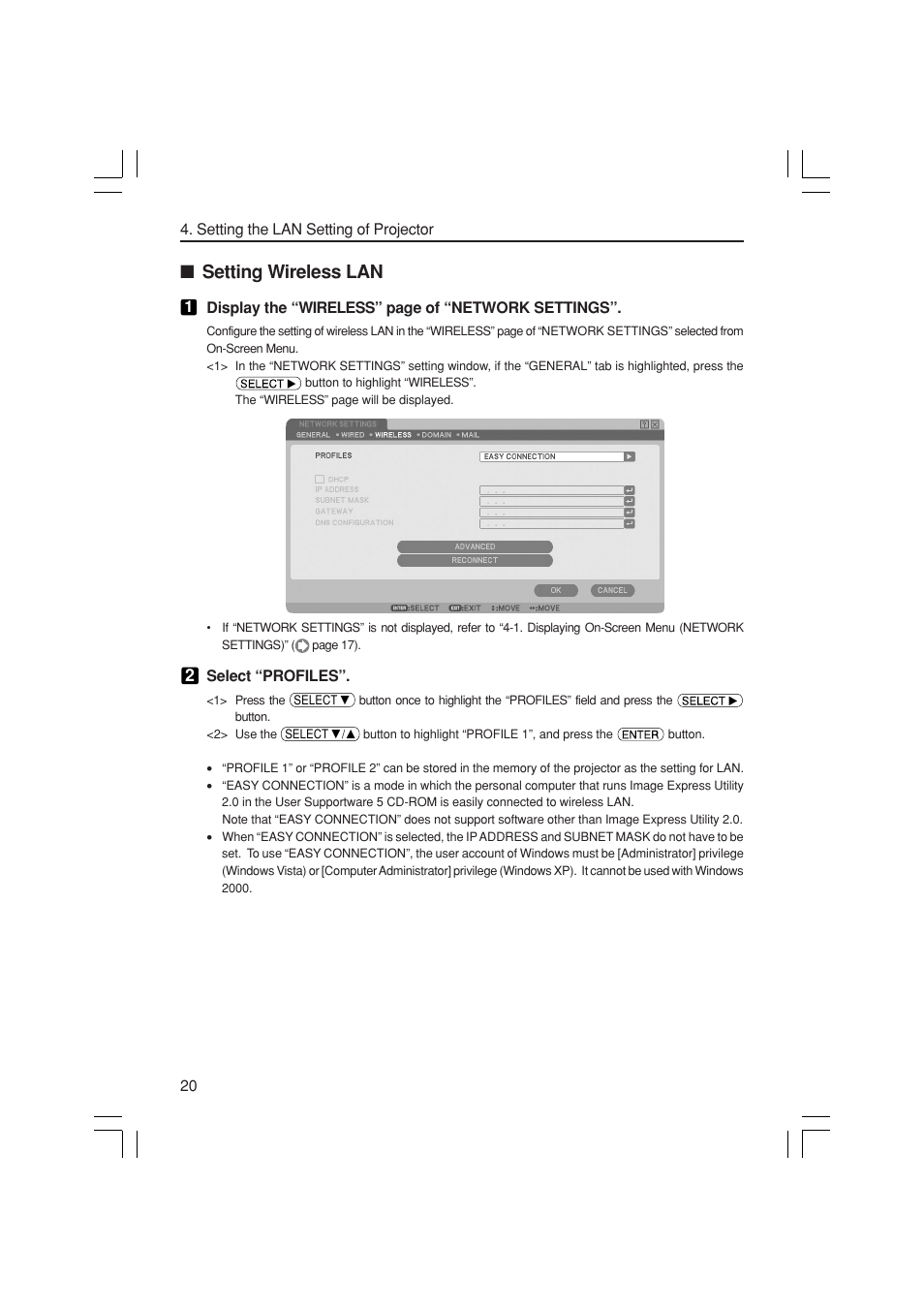 Setting wireless lan | NEC NP3150 User Manual | Page 20 / 44