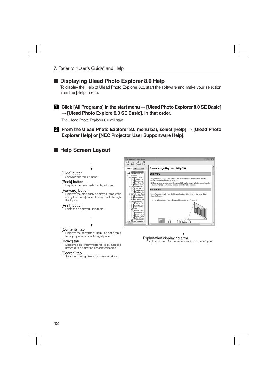 Displaying ulead photo explorer 8.0 help, Help screen layout | NEC NP3150 User Manual | Page 42 / 44