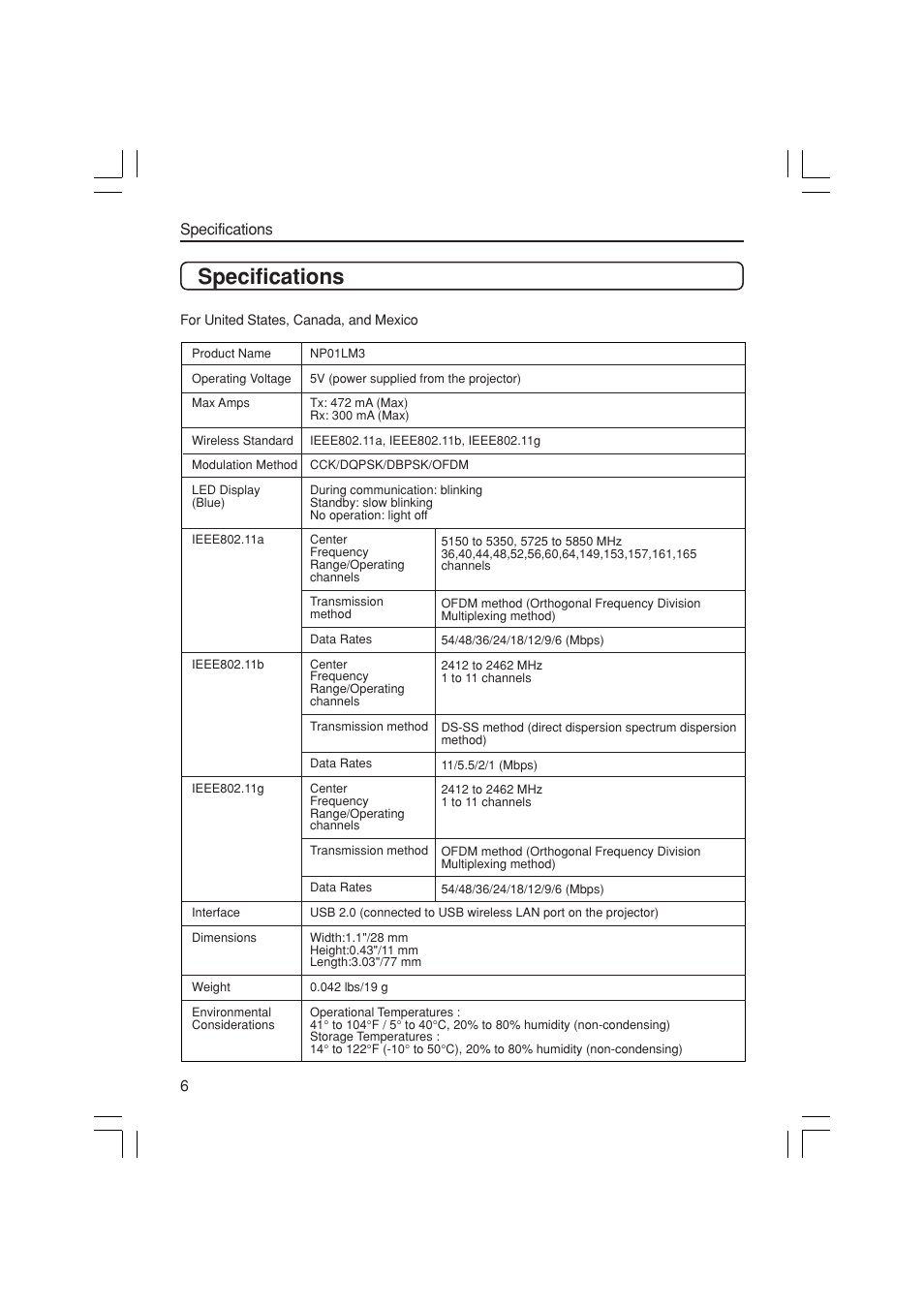 Specifications | NEC NP3150 User Manual | Page 6 / 44