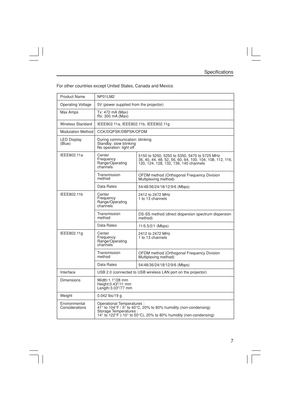 Specifications | NEC NP3150 User Manual | Page 7 / 44