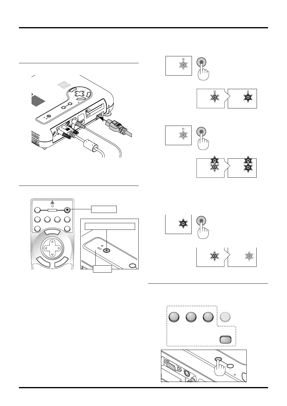 Operation, E–24, Connect the supplied power cable to the projector | Turn on and off the projector, Power button, On/stand by | NEC LT150Z User Manual | Page 30 / 62