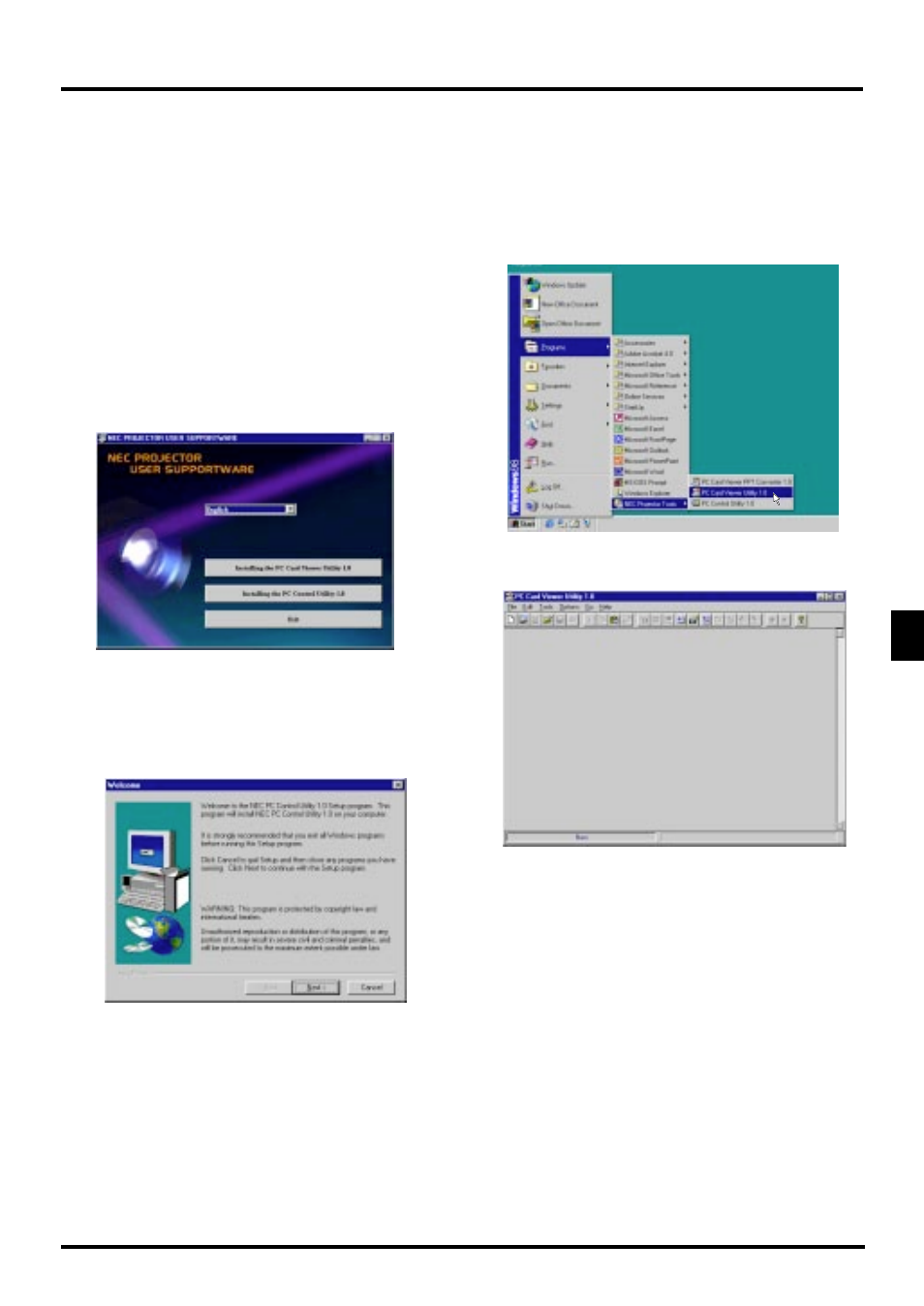 Installing the pc card viewer software, Starting up the pc card viewer software on your pc | NEC LT150Z User Manual | Page 49 / 62