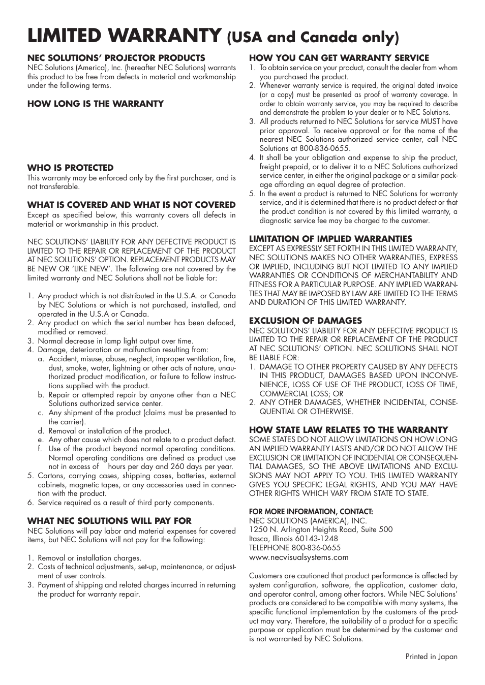 Limited warranty, Usa and canada only) | NEC LT150Z User Manual | Page 5 / 62