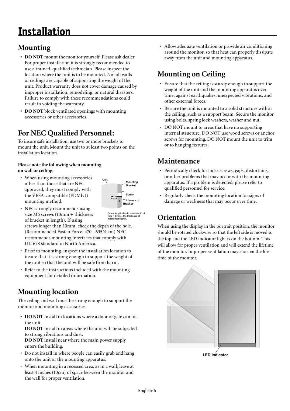 Installation, Mounting, For nec qualiﬁed personnel | Mounting location, Mounting on ceiling, Maintenance, Orientation | NEC MULTEOS M40 User Manual | Page 10 / 152