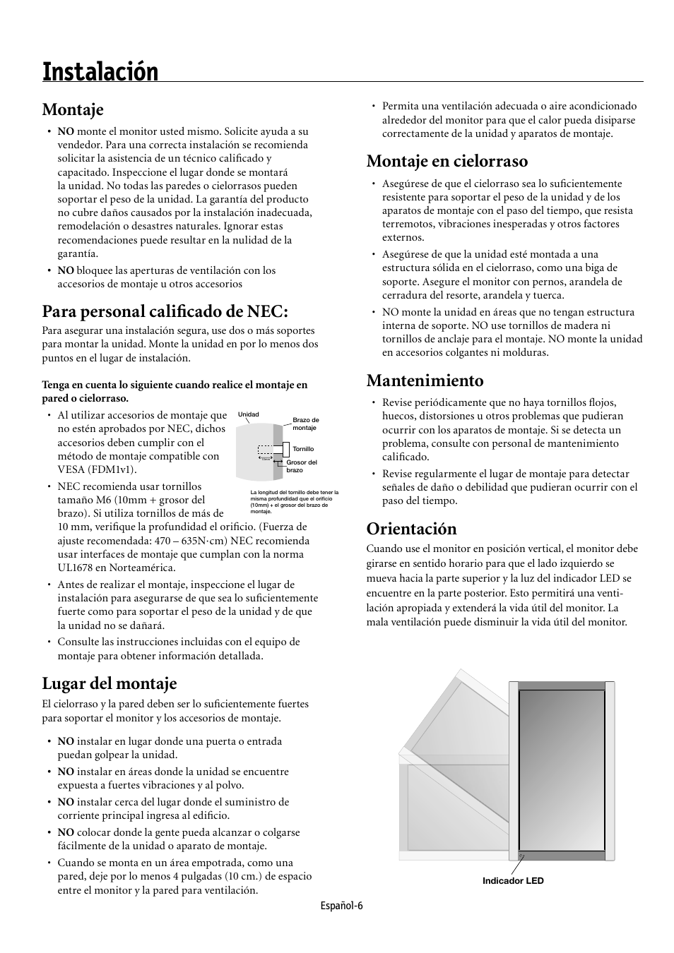 Instalación, Montaje, Para personal caliﬁcado de nec | Lugar del montaje, Montaje en cielorraso, Mantenimiento, Orientación | NEC MULTEOS M40 User Manual | Page 102 / 152