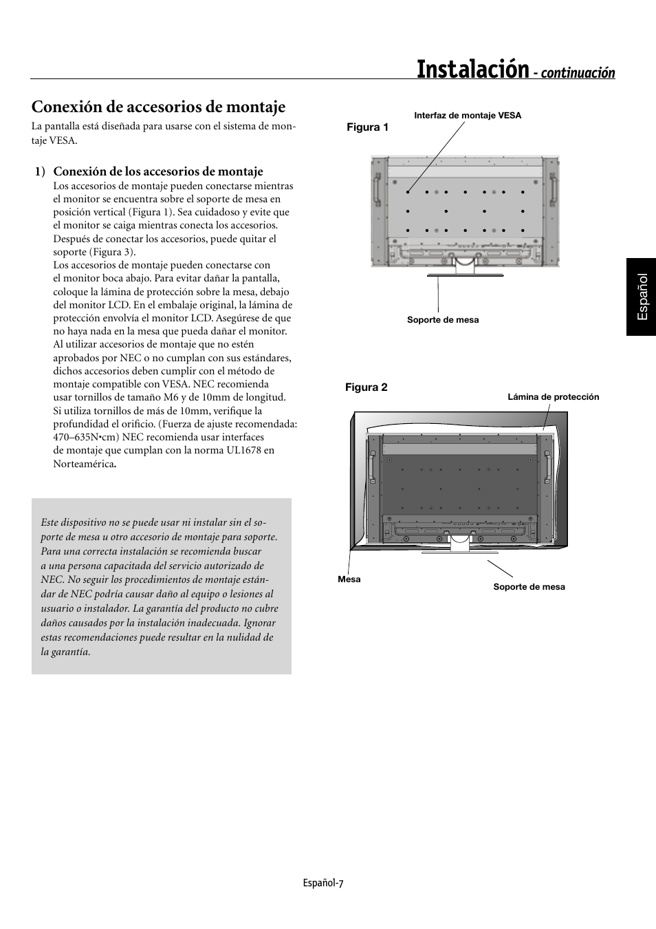 Instalación, Conexión de accesorios de montaje, Continuación | NEC MULTEOS M40 User Manual | Page 103 / 152
