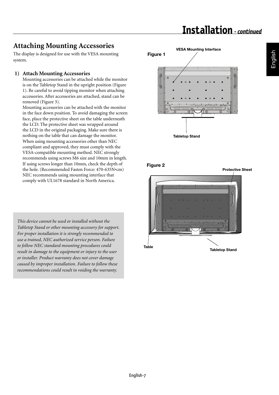 Installation, Attaching mounting accessories, Continued | NEC MULTEOS M40 User Manual | Page 11 / 152