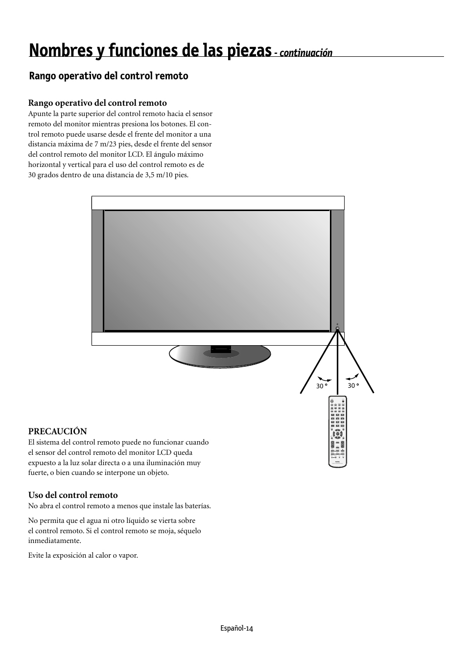 Nombres y funciones de las piezas, Rango operativo del control remoto, Continuación | Precaución, Uso del control remoto | NEC MULTEOS M40 User Manual | Page 110 / 152
