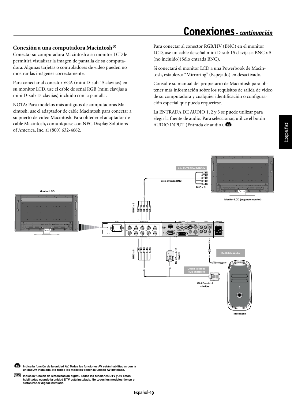 Conexiones, Continuación, Español | Conexión a una computadora macintosh, Español-19 | NEC MULTEOS M40 User Manual | Page 115 / 152