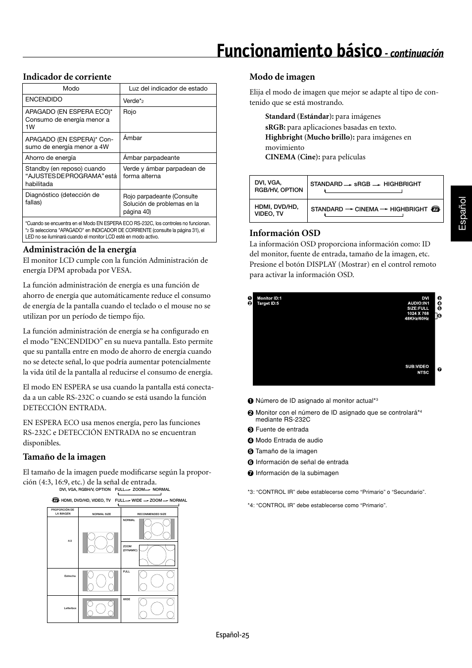 Funcionamiento básico, Continuación, Español indicador de corriente | Administración de la energía, Tamaño de la imagen, Modo de imagen, Información osd, Español-25 | NEC MULTEOS M40 User Manual | Page 121 / 152