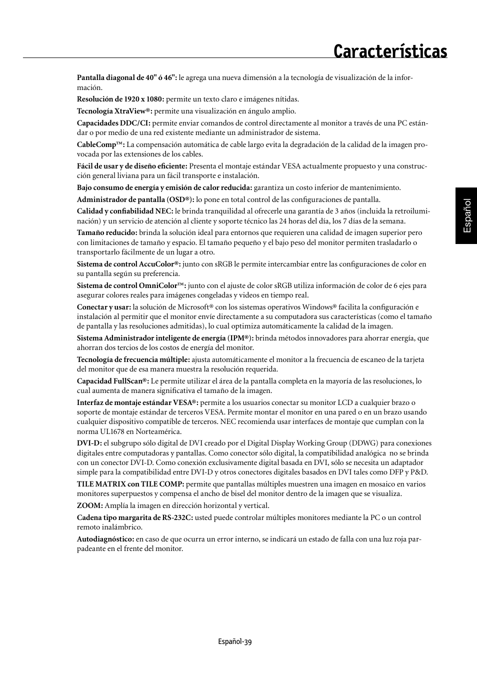 Características | NEC MULTEOS M40 User Manual | Page 135 / 152