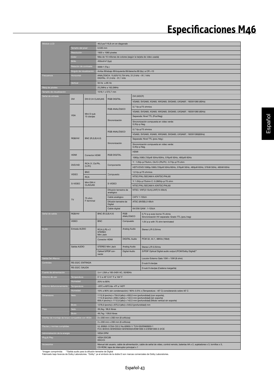 Especiﬁcaciones m46, Español, Español-43 | NEC MULTEOS M40 User Manual | Page 139 / 152