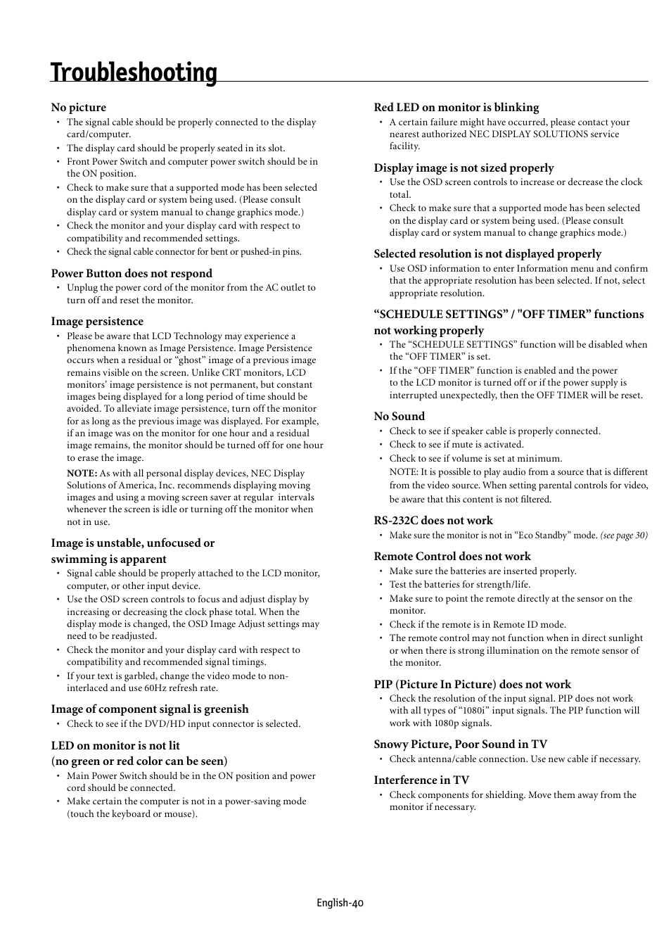 Troubleshooting | NEC MULTEOS M40 User Manual | Page 44 / 152
