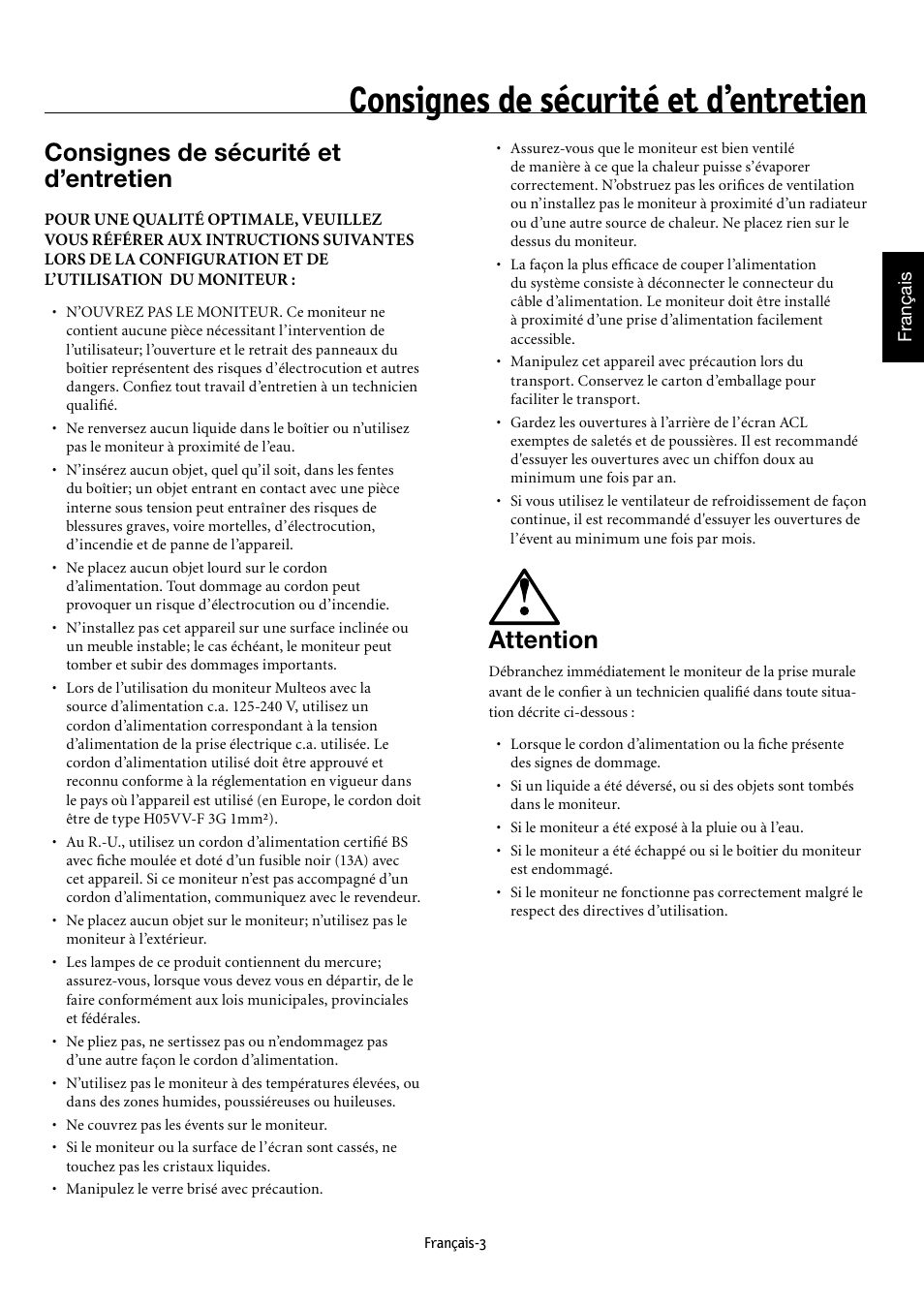 Consignes de sécurité et d’entretien, Attention | NEC MULTEOS M40 User Manual | Page 53 / 152