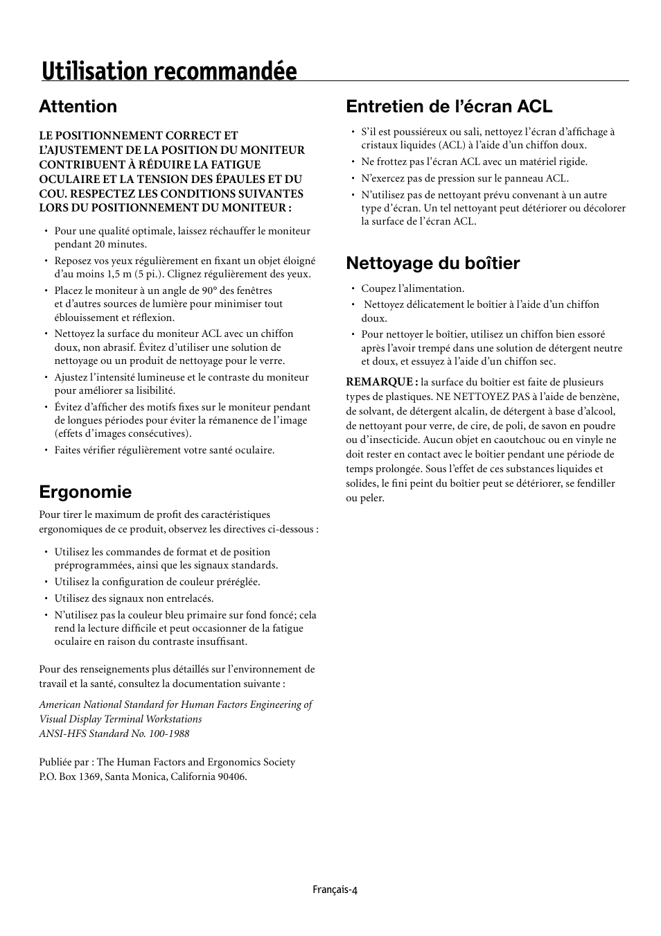 Utilisation recommandée, Attention, Ergonomie | Entretien de l’écran acl, Nettoyage du boîtier | NEC MULTEOS M40 User Manual | Page 54 / 152