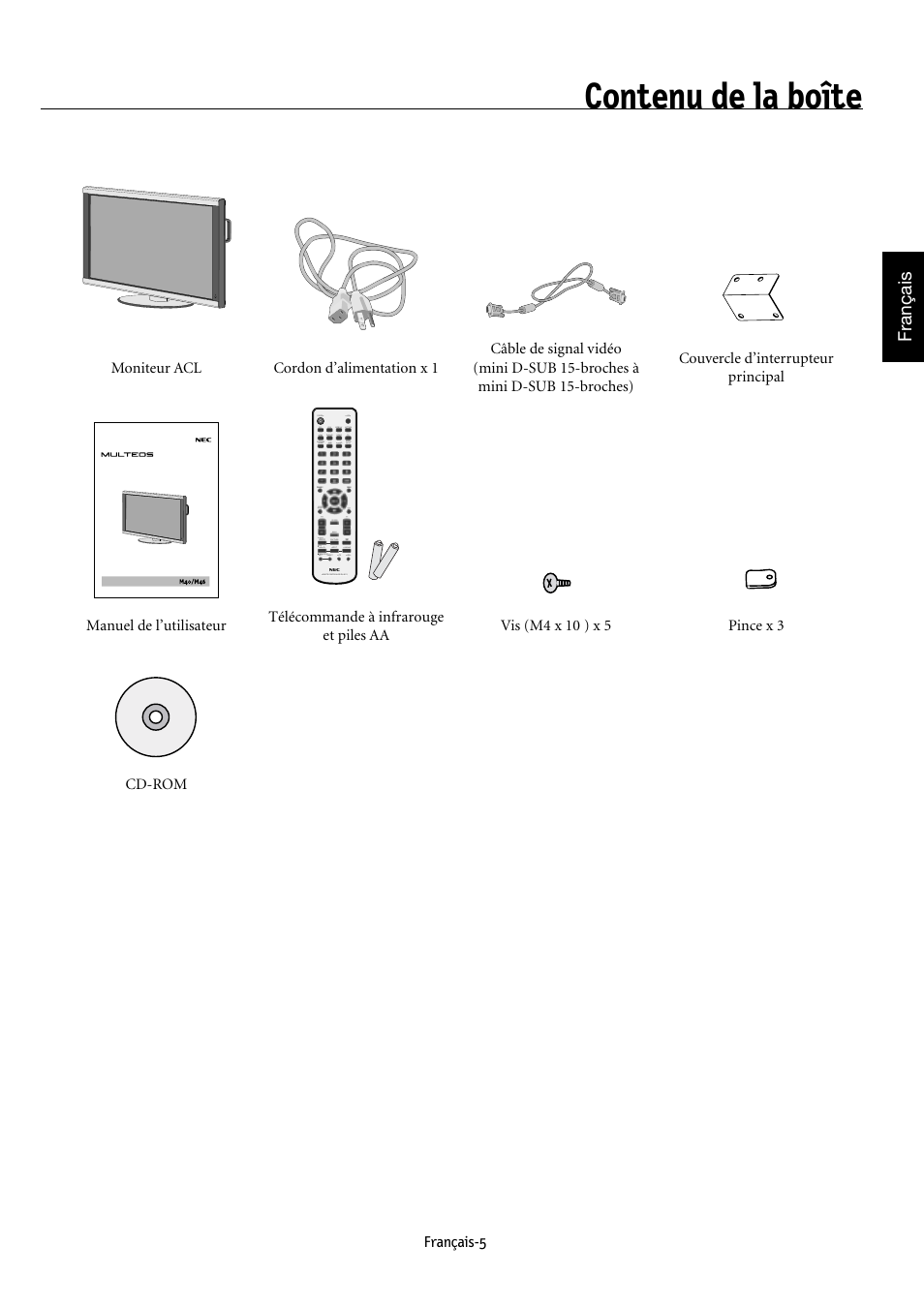 Contenu de la boîte, Français | NEC MULTEOS M40 User Manual | Page 55 / 152