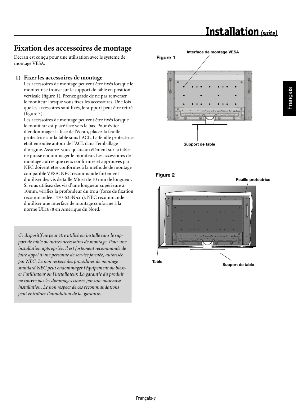 Installation, Fixation des accessoires de montage, Suite) | NEC MULTEOS M40 User Manual | Page 57 / 152