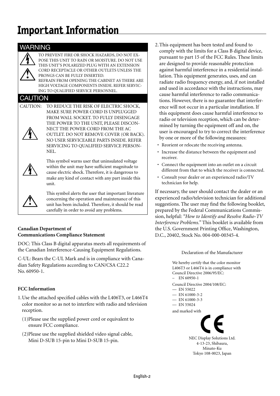 Important information, Warning, Caution | NEC MULTEOS M40 User Manual | Page 6 / 152