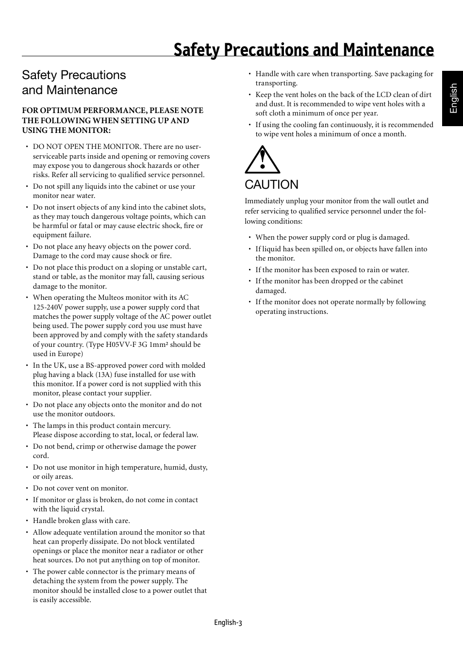 Safety precautions and maintenance, Caution | NEC MULTEOS M40 User Manual | Page 7 / 152