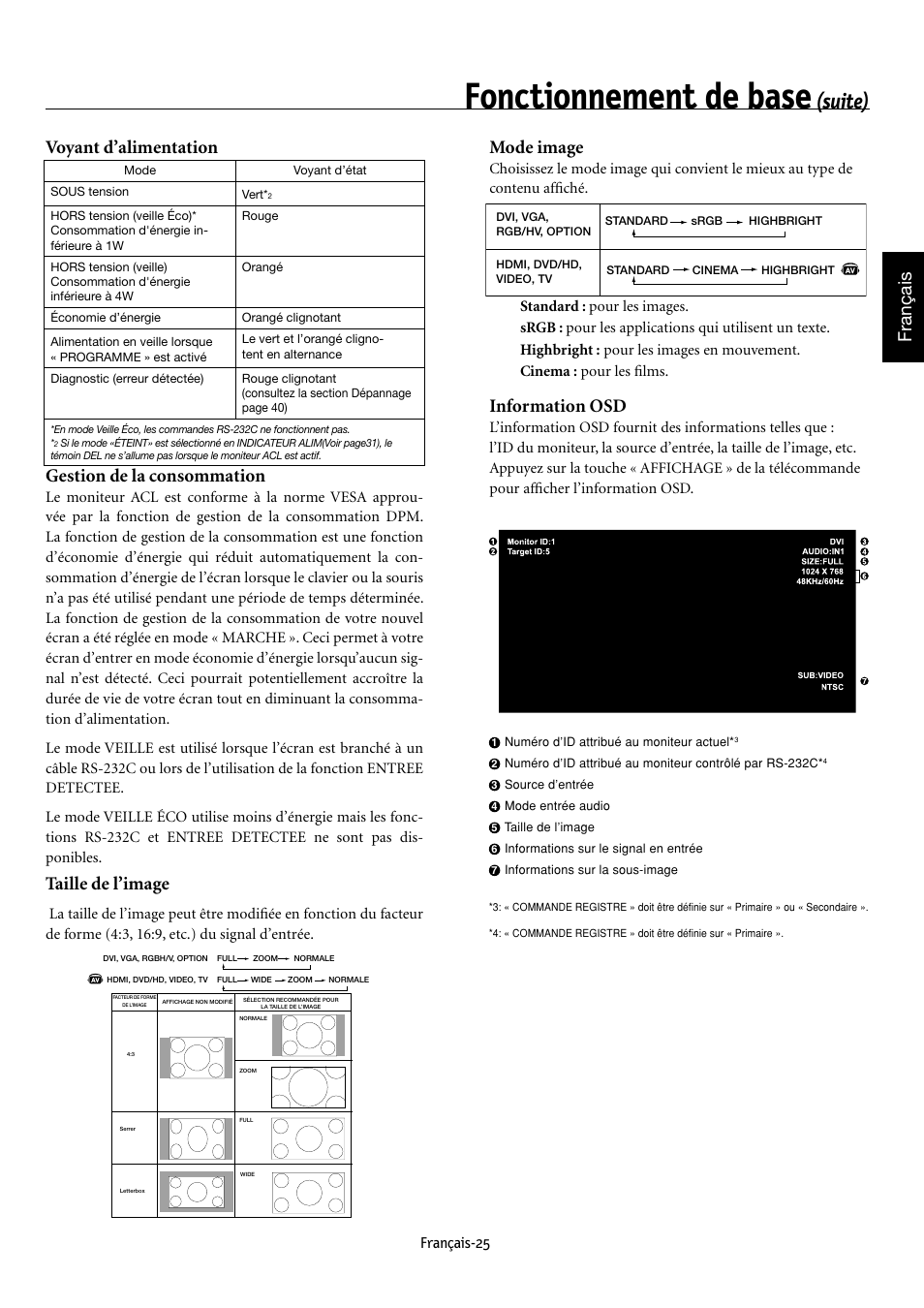 Fonctionnement de base, Suite), Français voyant d’alimentation | Gestion de la consommation, Taille de l’image, Mode image, Information osd, Français-25 | NEC MULTEOS M40 User Manual | Page 75 / 152