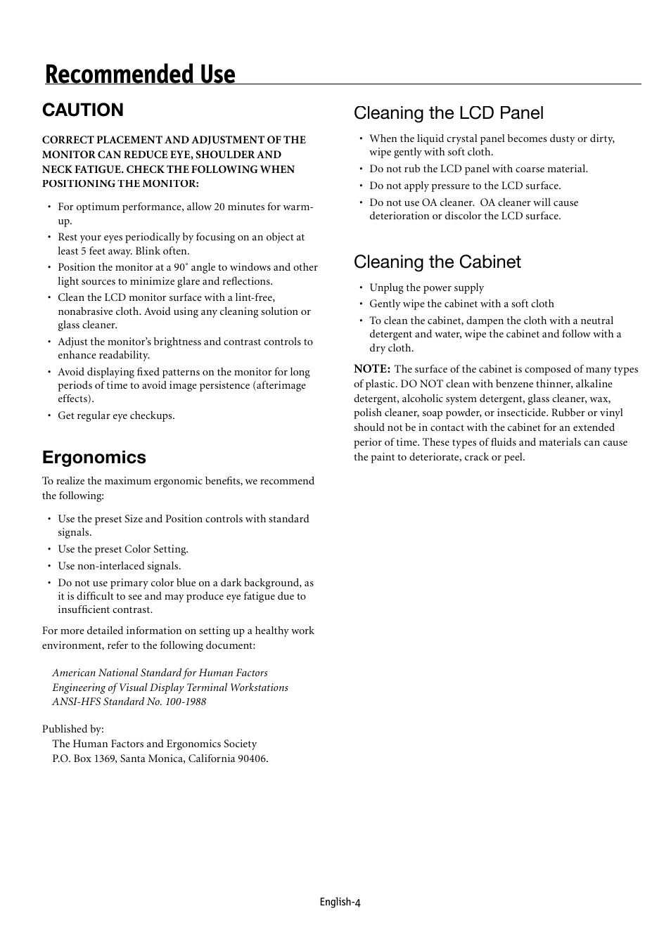 Recommended use, Caution, Ergonomics | Cleaning the lcd panel, Cleaning the cabinet | NEC MULTEOS M40 User Manual | Page 8 / 152