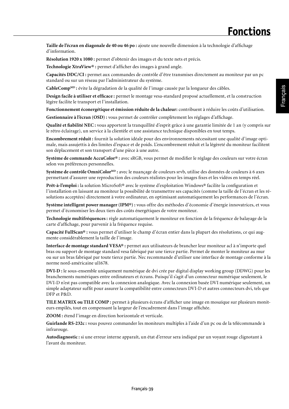 Fonctions | NEC MULTEOS M40 User Manual | Page 89 / 152