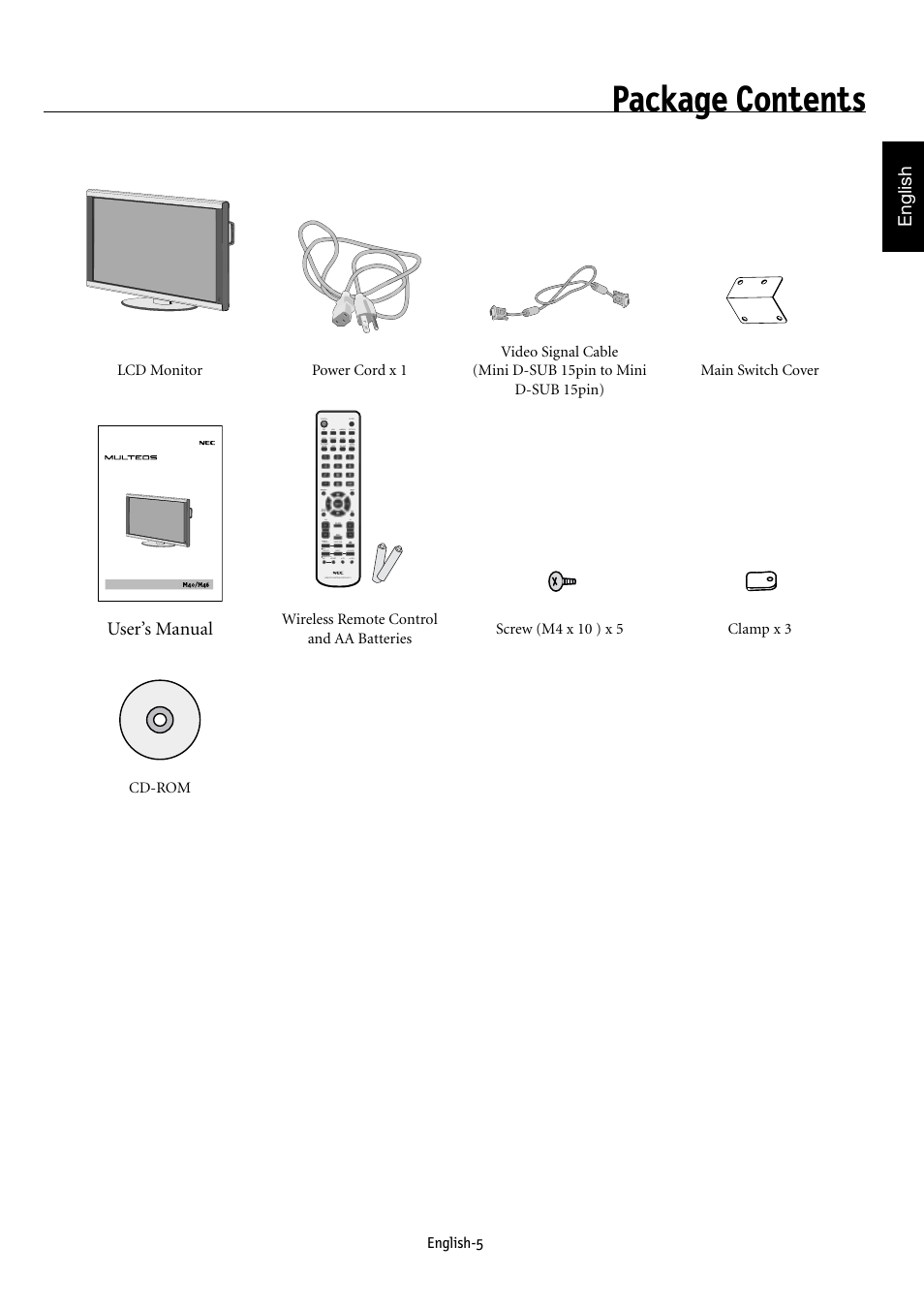 Package contents, English, User’s manual | NEC MULTEOS M40 User Manual | Page 9 / 152