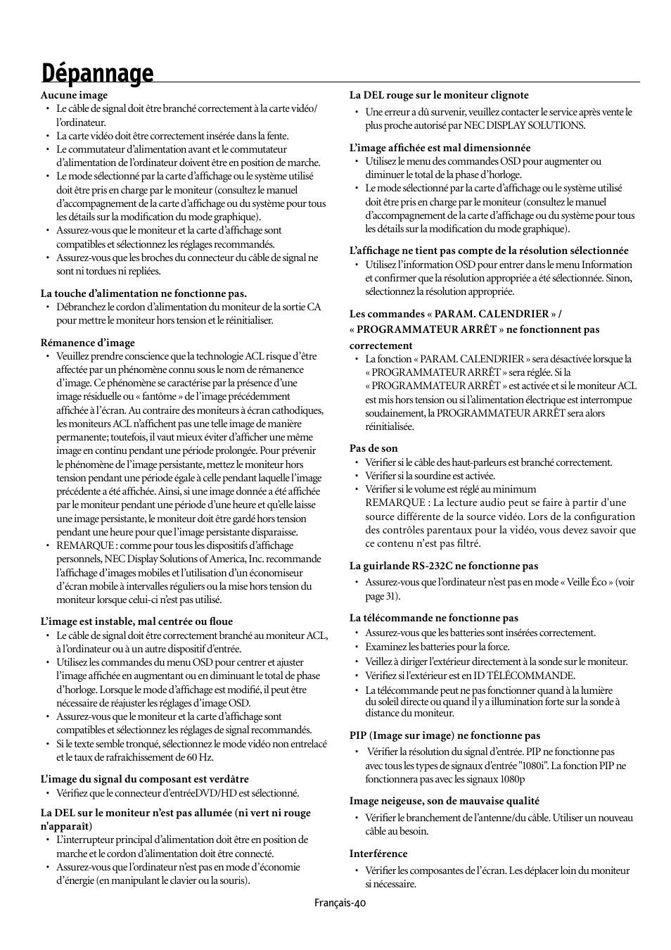 Dépannage | NEC MULTEOS M40 User Manual | Page 90 / 152