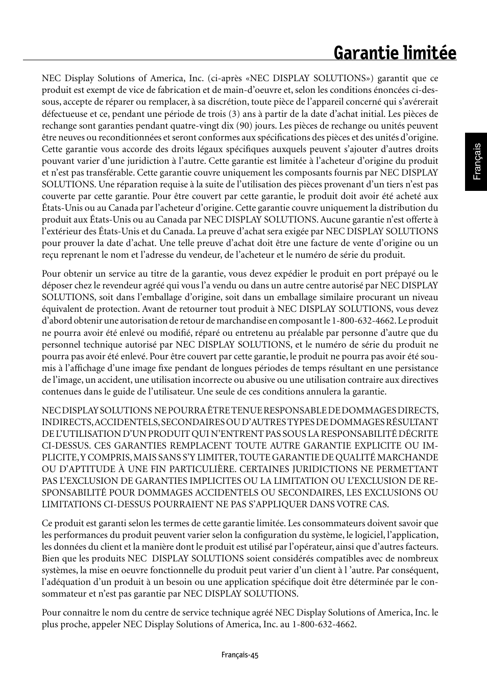 Garantie limitée | NEC MULTEOS M40 User Manual | Page 95 / 152
