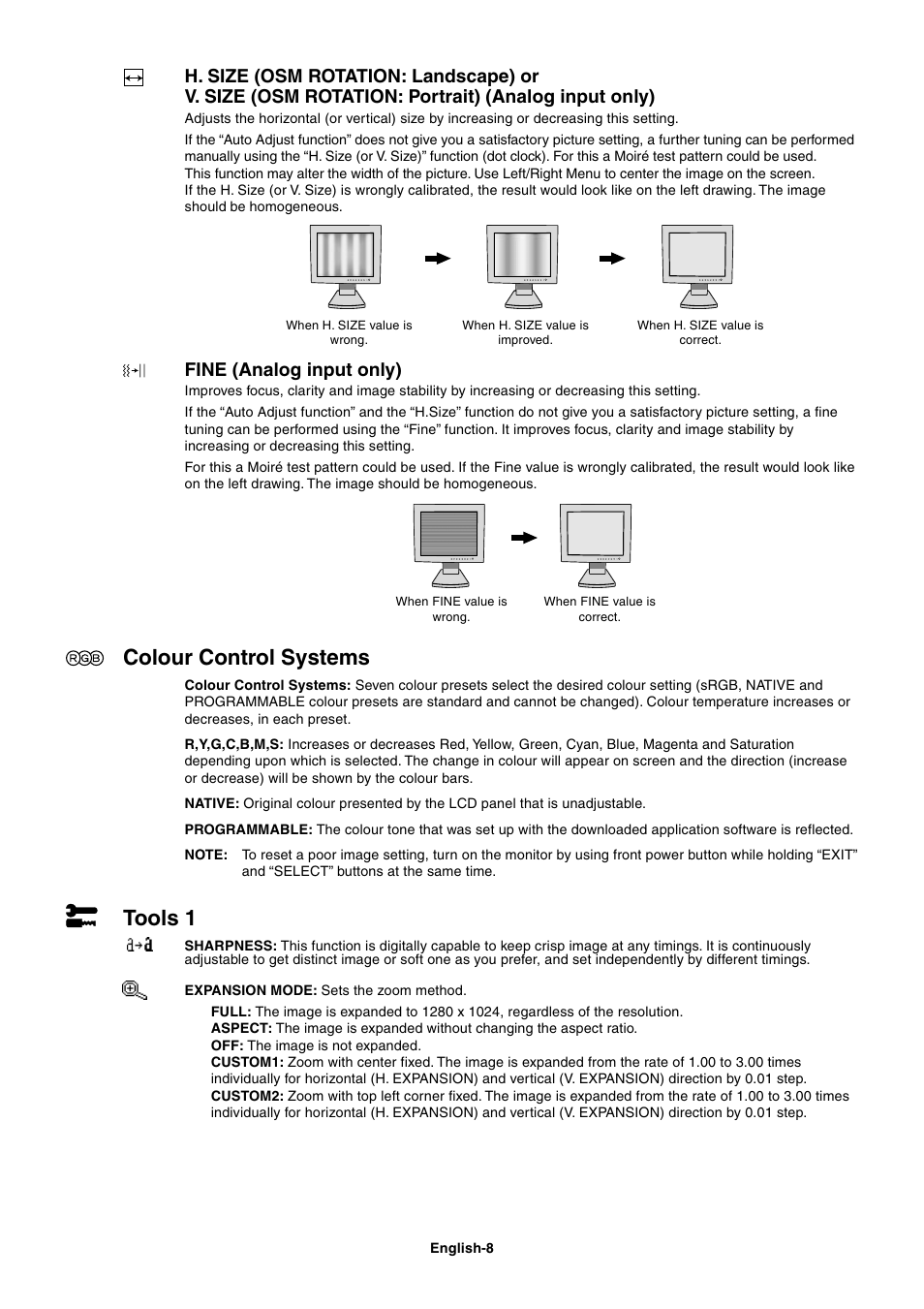 Colour control systems, Tools 1, Fine (analog input only) | NEC 1980FXi User Manual | Page 10 / 27