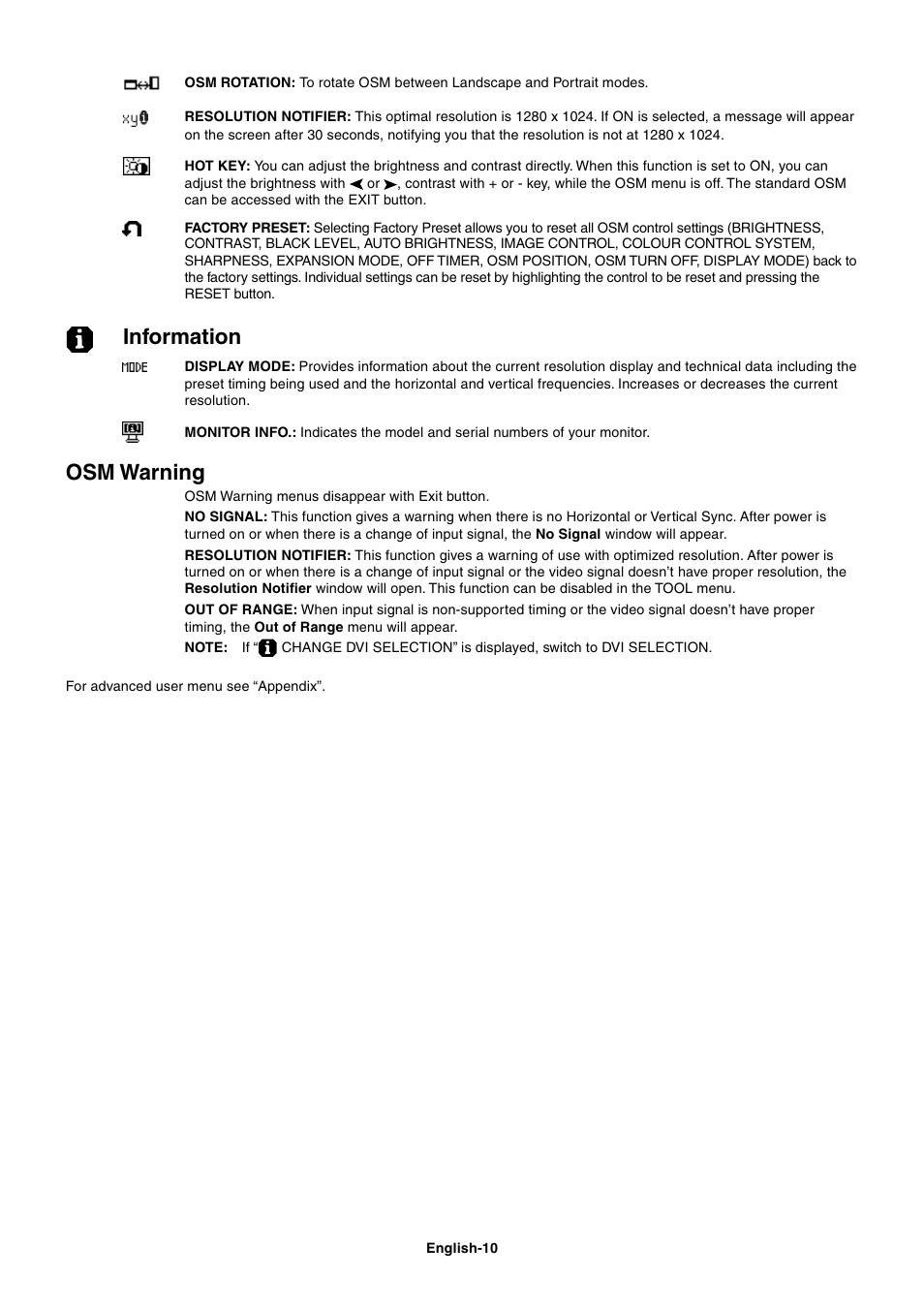 Information, Osm warning | NEC 1980FXi User Manual | Page 12 / 27