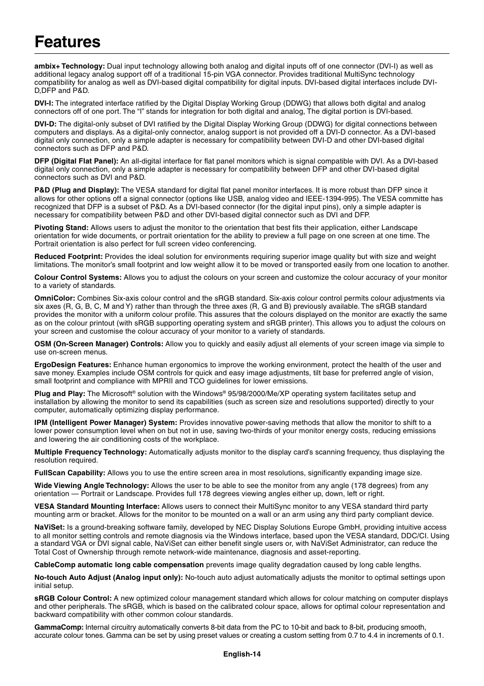 Features | NEC 1980FXi User Manual | Page 16 / 27