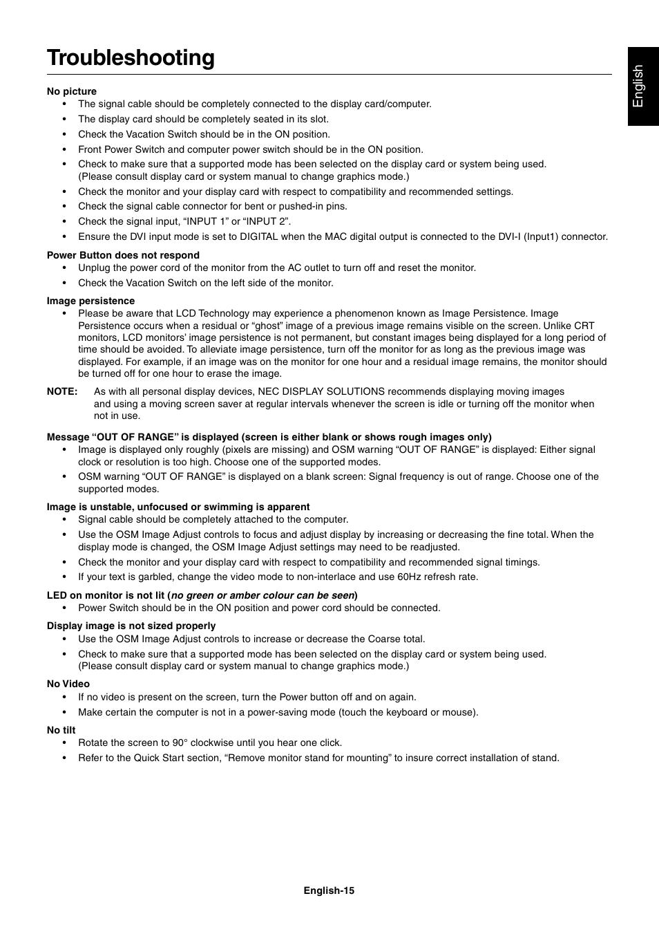 Troubleshooting, English | NEC 1980FXi User Manual | Page 17 / 27