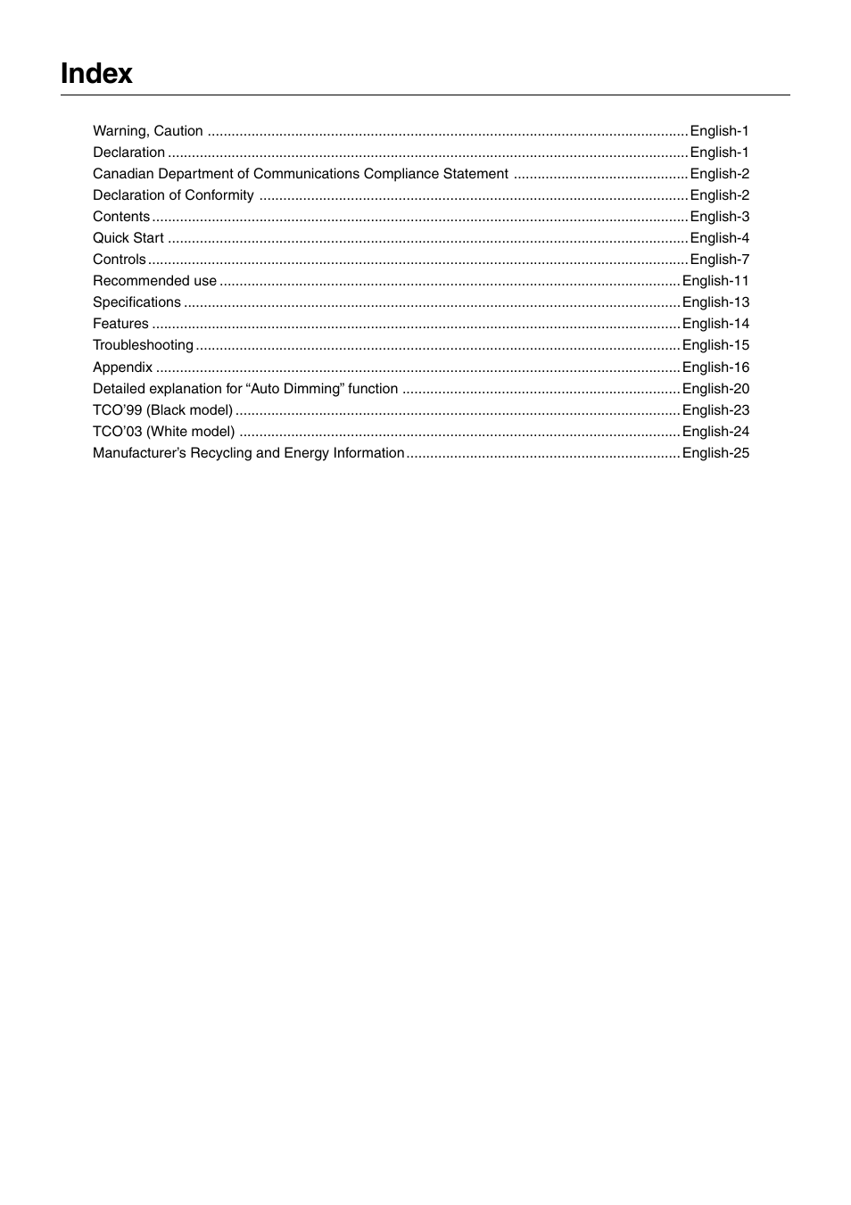 Index | NEC 1980FXi User Manual | Page 2 / 27