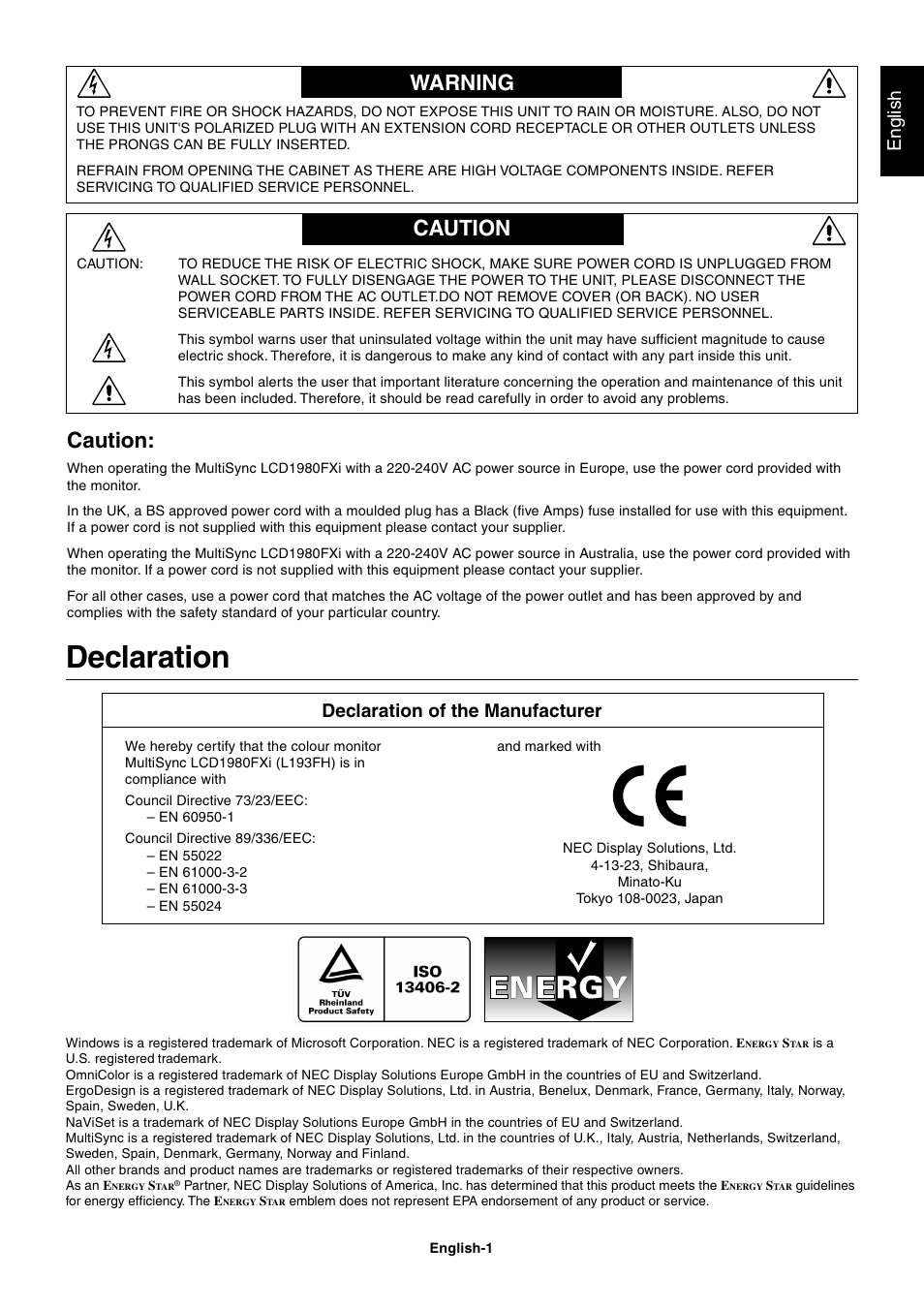 Warning, Caution, Declaration | Warning caution, English, Declaration of the manufacturer | NEC 1980FXi User Manual | Page 3 / 27