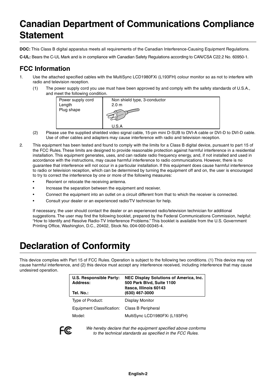 Declaration of conformity, Fcc information | NEC 1980FXi User Manual | Page 4 / 27