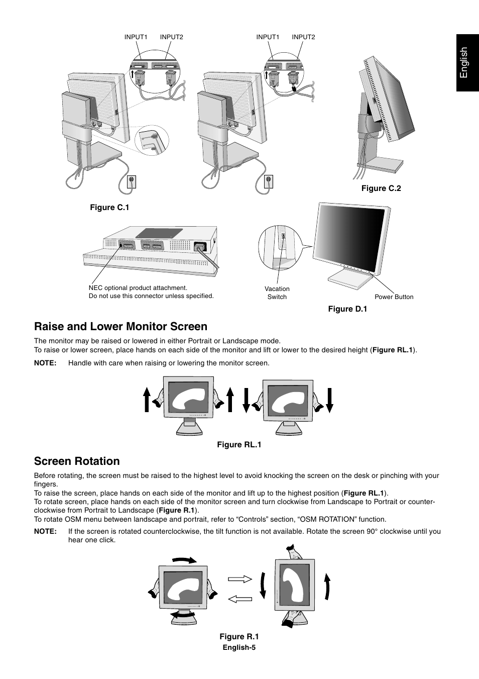 Raise and lower monitor screen, Screen rotation, English | NEC 1980FXi User Manual | Page 7 / 27