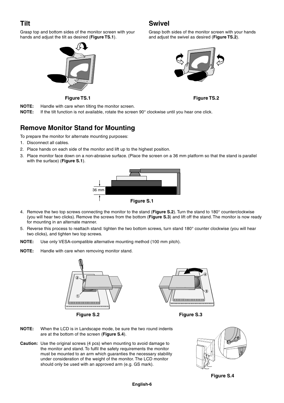 Tilt, Swivel, Remove monitor stand for mounting | NEC 1980FXi User Manual | Page 8 / 27