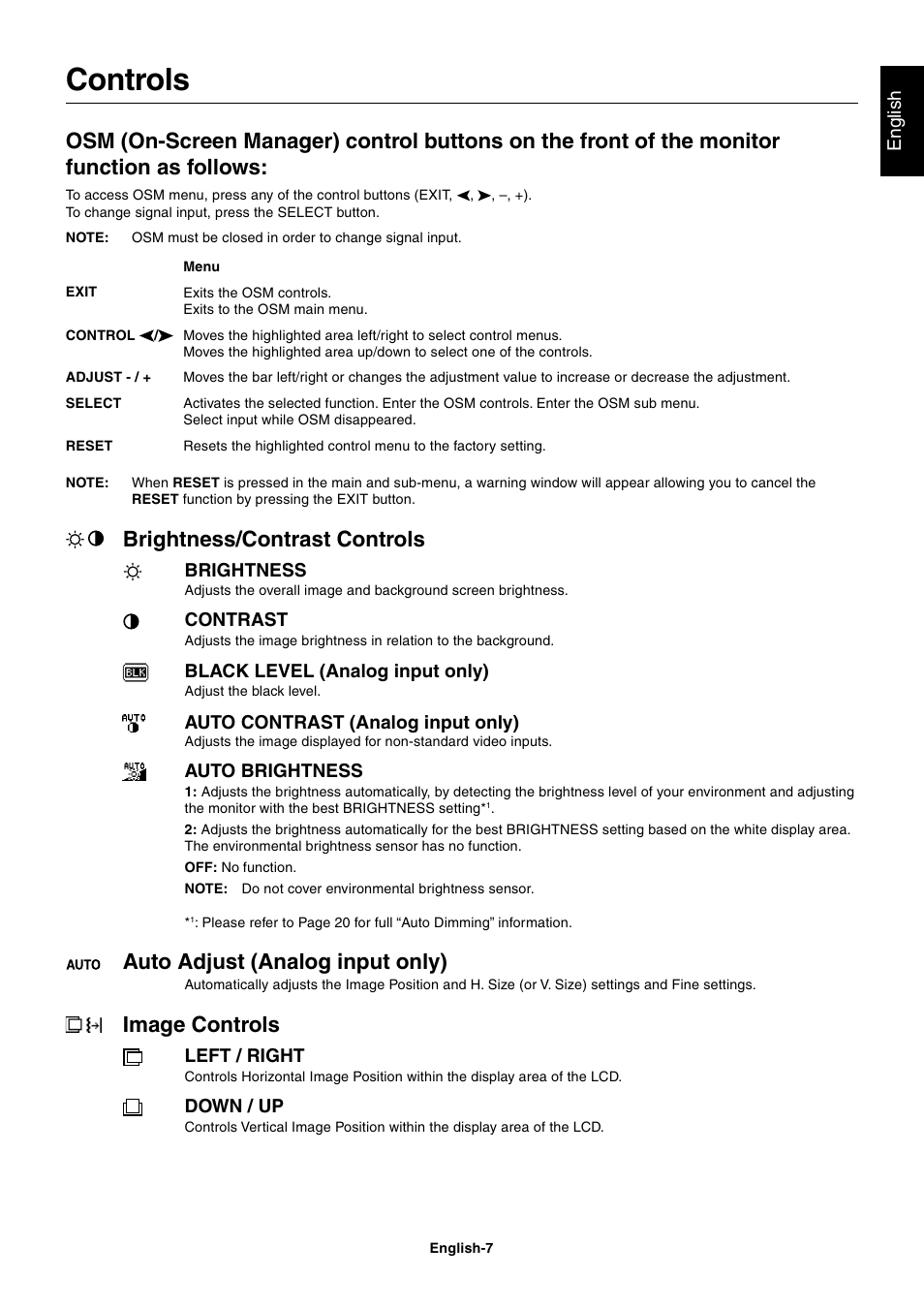 Controls, Brightness/contrast controls, Auto adjust (analog input only) | Image controls, English, Brightness, Contrast, Black level (analog input only), Auto contrast (analog input only), Auto brightness | NEC 1980FXi User Manual | Page 9 / 27