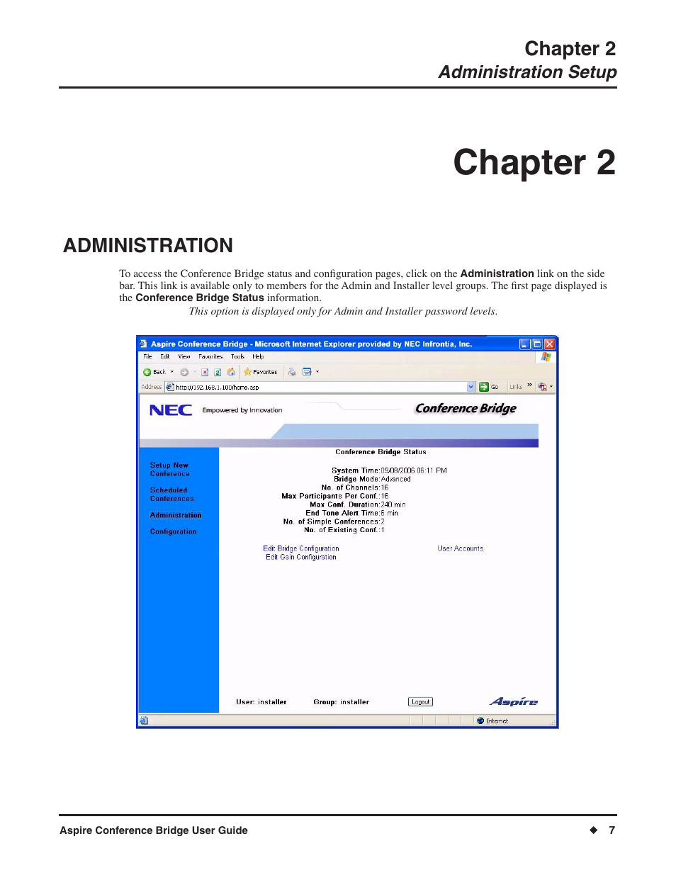 Chapter 2, Administration, Administration setup | NEC P/N 0893416 User Manual | Page 11 / 36