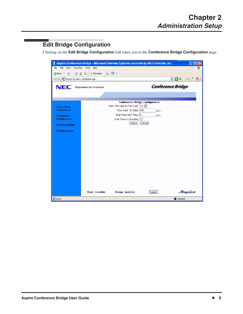 Chapter 2, Administration setup, Edit bridge configuration | NEC P/N 0893416 User Manual | Page 13 / 36