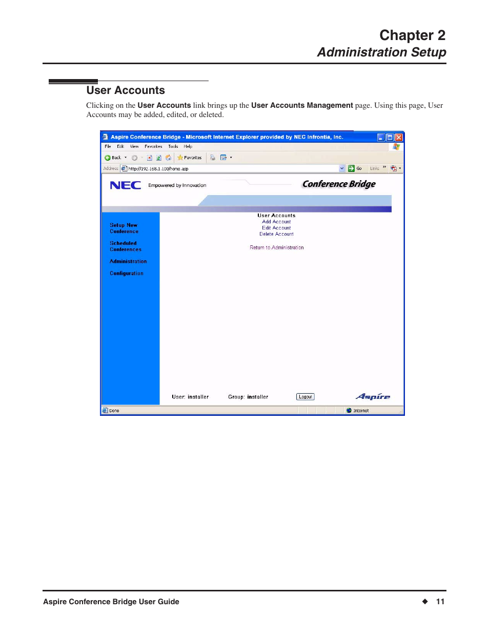 Chapter 2, Administration setup, User accounts | NEC P/N 0893416 User Manual | Page 15 / 36