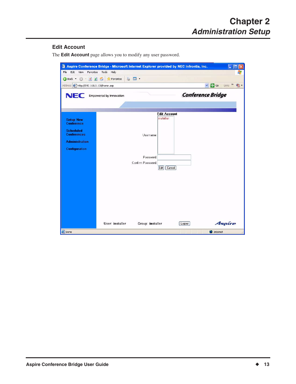 Chapter 2, Administration setup | NEC P/N 0893416 User Manual | Page 17 / 36