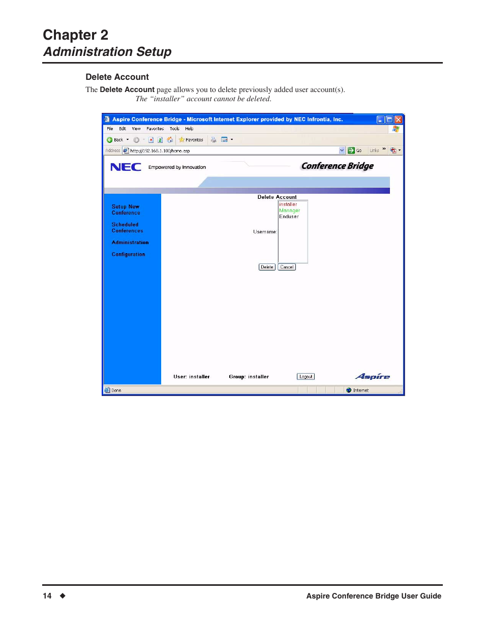 Chapter 2, Administration setup | NEC P/N 0893416 User Manual | Page 18 / 36