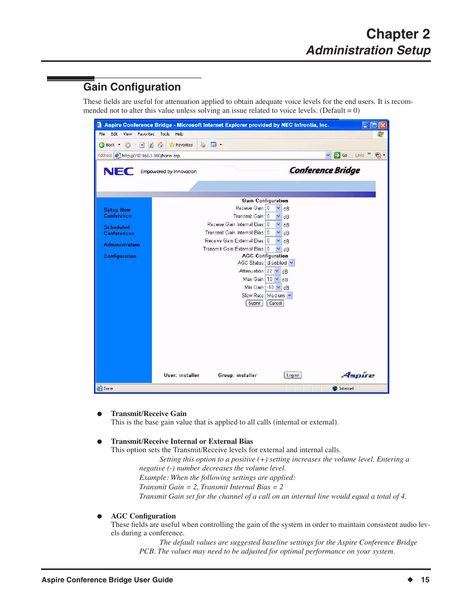 Chapter 2, Administration setup, Gain configuration | NEC P/N 0893416 User Manual | Page 19 / 36