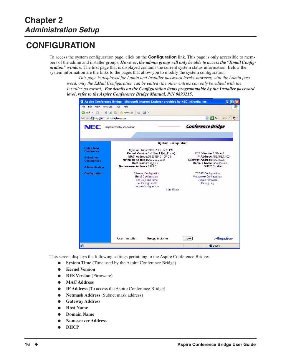 Chapter 2, Configuration, Administration setup | NEC P/N 0893416 User Manual | Page 20 / 36